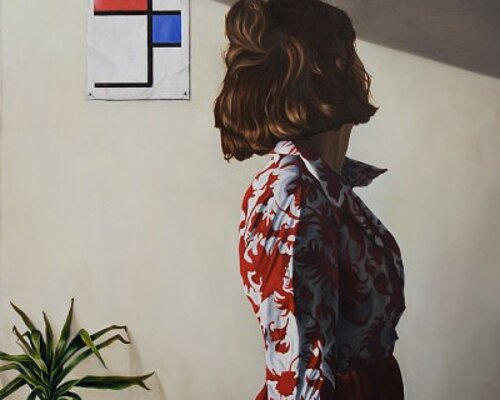 Kunstwerk von Sven Hoppler mit Rückenansicht einer Frau im rot-weißen Kleid