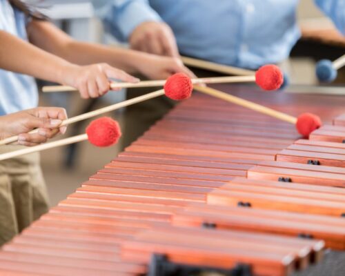 Mehrere Personen spielen gemeinsam auf einem großen hölzernen Xylophon, sie halten Schlägel mit roten und blauen Filzköpfen über den Klangplatten.