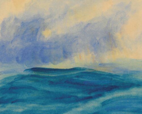 Aquarellmalerei eines ruhigen Meeres mit sanften Wellen in Türkis- und Blautönen unter einem bewölkten Himmel in Pastellgelb und Blau.