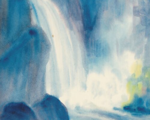 Aquarellgemälde eines Wasserfalls, der in weichen Blau- und Türkistönen eine Felswand hinabstürzt und unten in nebeligem Sprühwasser übergeht, umgeben von anged