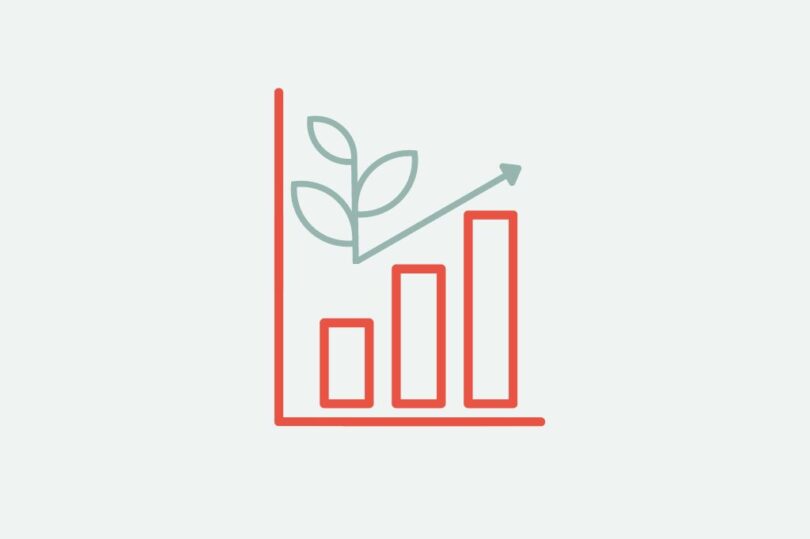 Illustration eines steigenden Balkendiagramms mit drei roten Balken, einem nach oben gerichteten Pfeil und einem grünen Pflanzenzweig, der nachhaltiges Wachstum