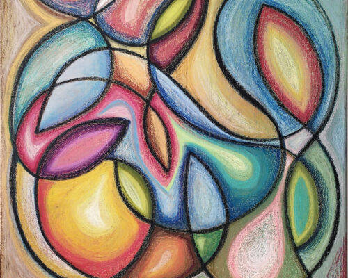 Abstraktes Gemälde mit überlappenden, tropfen- und blattförmigen Farbflächen in Gelb, Blau, Grün, Rosa, Rot und Türkis, die von dicken schwarzen Linien voneinan