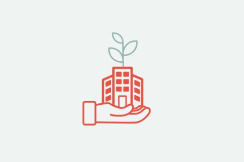 Illustration einer offenen Hand, die ein stilisiertes Gebäude mit einem wachsenden Pflänzchen auf dem Dach hält, als Symbol für nachhaltiges Wirtschaften.