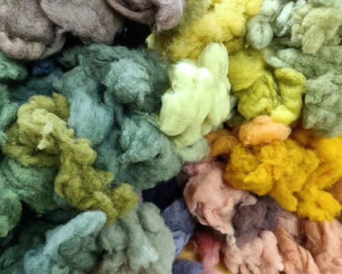 Bunte Wollfasern in verschiedenen Farben Nahaufnahme von vielen bunten Wollfasern in unterschiedlichen Farben wie Grün, Gelb, Braun und Rosa, locker nebeneinander liegend.