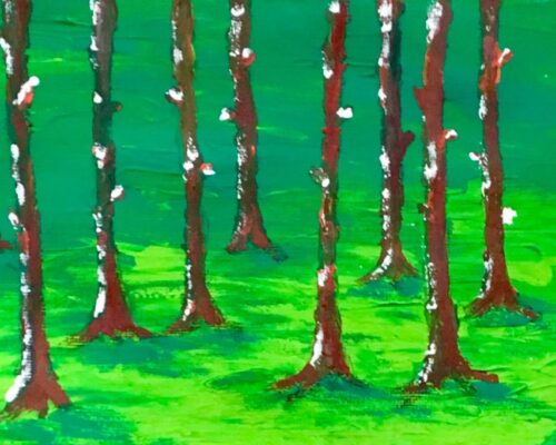 Buntes Gemälde eines hellgrünen Waldbodens mit hohen, schlanken Baumstämmen ohne Blätter, die in Reihen nach hinten verlaufen. Die braunen Stämme sind mit weiße
