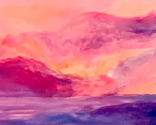 Abstrakte Landschaft mit weichen, verschwommenen Formen in leuchtenden Rosa-, Orange- und Violetttönen. Der untere Bildbereich erinnert an ein ruhiges Meer, dar