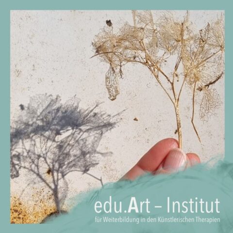 Nahaufnahme einer Hand, die einen filigranen, getrockneten Pflanzenzweig hält, dessen feines Adergeflecht einen schattenhaften Baum auf einer hellen Fläche wirf