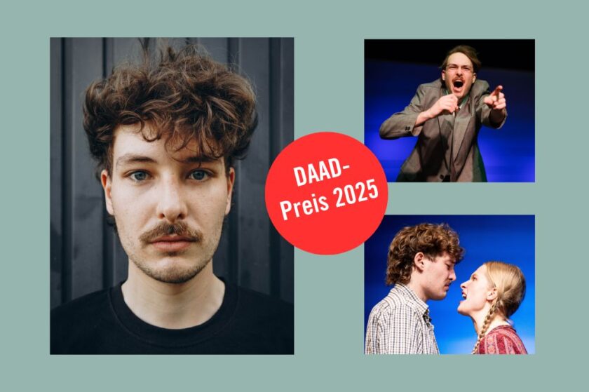 Collage mit drei Theaterfotos vor mintgrünem Hintergrund: links ein junger Mann mit lockigen Haaren und Schnurrbart im Porträt, rechts oben ein Schauspieler im