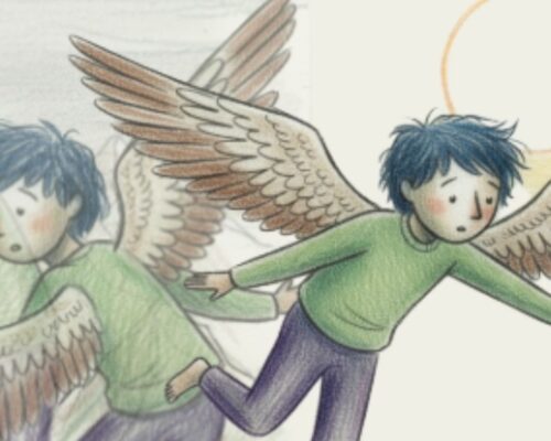 Kind mit Flügeln im Flug vor der Sonne Illustration eines Kindes mit blauen Haaren, grünem Pullover und violetter Hose, das mit großen braun-weißen Flügeln durch die Luft fliegt; im Hintergrund eine