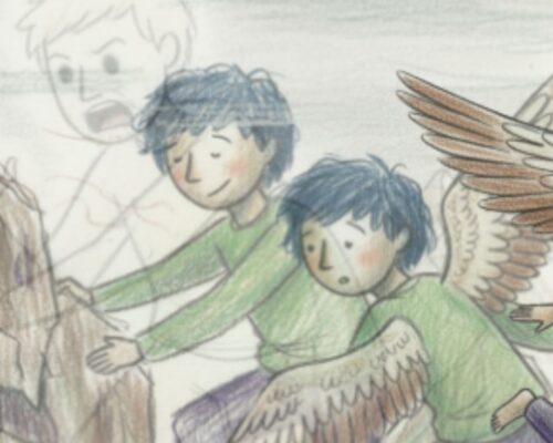 Junge mit Flügeln vor einem Felsen Illustration eines Jungen mit dunkelblauen Haaren und grünem Pullover, der an einem Felsen steht. Vor ihm ist derselbe Junge erneut zu sehen, diesmal mit großen