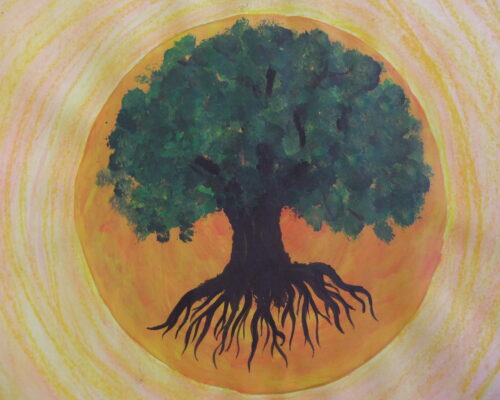 Lebensbaum vor leuchtender Sonnenscheibe Gemälde eines großen Baumes mit dichter, dunkelgrüner Krone und schwarzen, weit verzweigten Wurzeln, die frei in die Luft ragen. Der Baum steht vor einer leucht