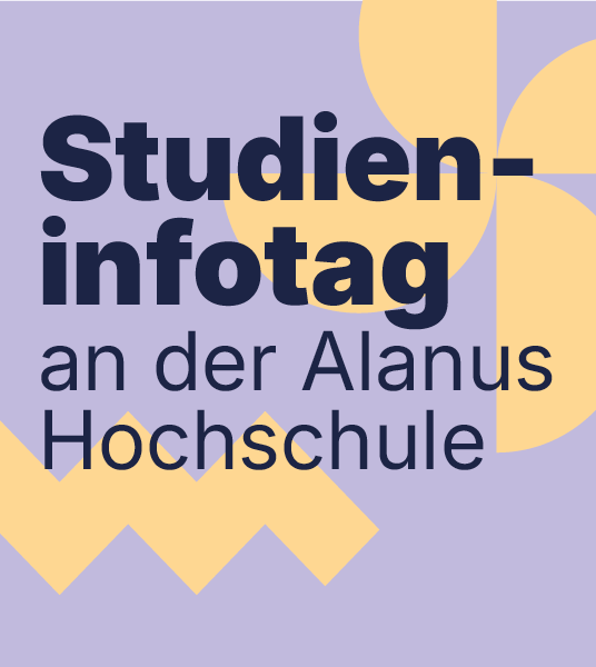 Grafik mit dem Text „Studieninfotag an der Alanus Hochschule“ auf lila Hintergrund mit gelben geometrischen Formen.