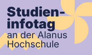 Grafik mit dem Text „Studieninfotag an der Alanus Hochschule“ auf lila Hintergrund, verziert mit gelben geometrischen Formen.