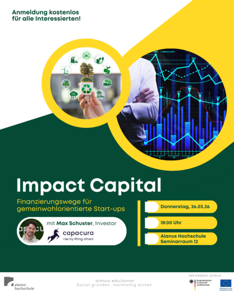 Werbegrafik für eine Veranstaltung mit dem Titel „Impact Capital – Finanzierungswege für gemeinwohlorientierte Start-ups“. Oben links steht „Anmeldung kostenlos