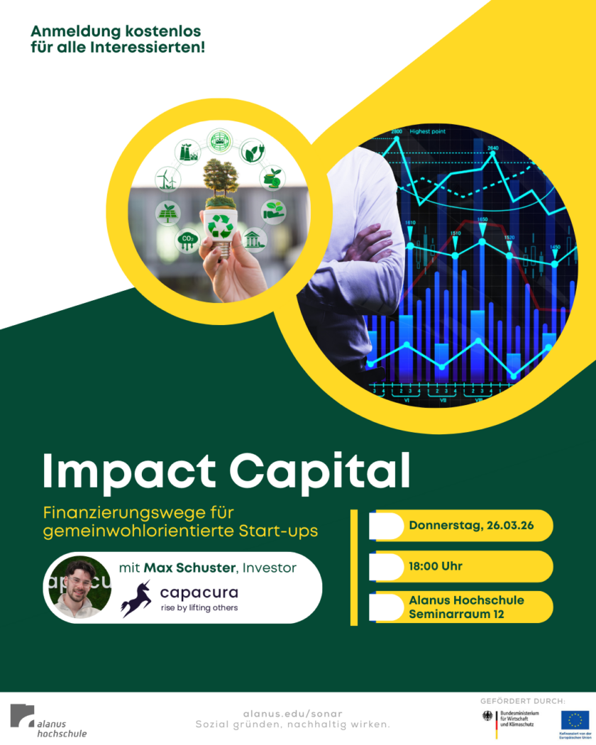 Werbegrafik für eine Veranstaltung mit dem Titel „Impact Capital – Finanzierungswege für gemeinwohlorientierte Start-ups“. Oben links steht „Anmeldung kostenlos