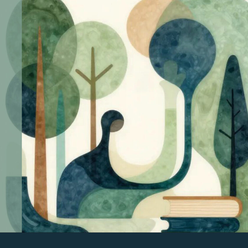 Abstrakte Illustration einer stilisierten Person, die in einer ruhigen Waldlandschaft neben einem aufgeschlagenen Buch sitzt. Weiche, überlappende Formen in Grü