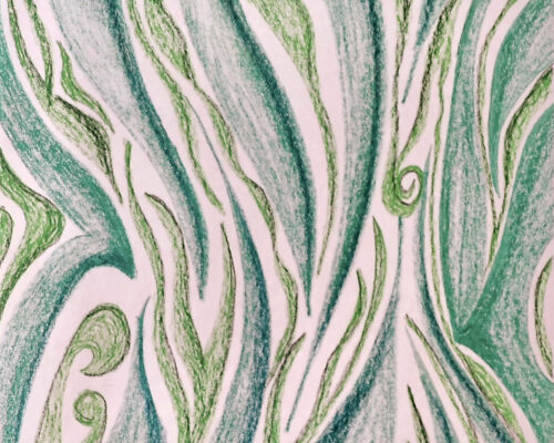 Grüne abstrakte Wellen und Ranken Abstrakte Zeichnung mit geschwungenen, pflanzenähnlichen Linien in verschiedenen Grün- und Türkistönen auf weißem Hintergrund.