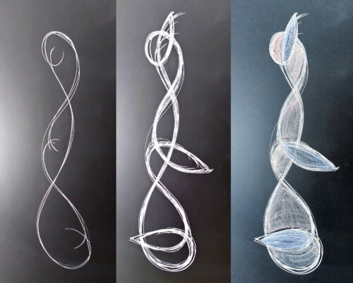 Abstrakte Schwunglinien – vom einfachen Bogen zum organischen Geflecht Dreiteilige Kreidezeichnung auf dunklem Hintergrund: Links eine einzelne, elegante, geschwungene Linie, die wie eine liegende Acht in die Höhe gezogen wirkt. In