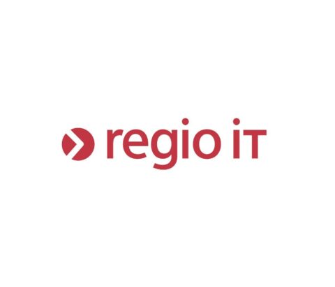 Logo mit rotem Schriftzug 'regio it' und einem stilisierten Pfeilsymbol links.