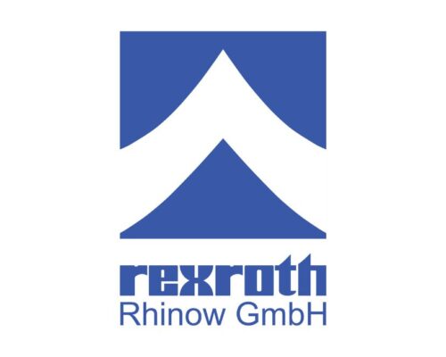 Logo mit zwei blauen Dreiecken, darunter der Text 'rexroth Rhinow GmbH'.
