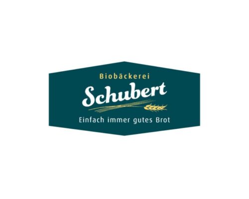 Logo der Biobäckerei Schubert mit dem Slogan 'Einfach immer gutes Brot' und einem Weizenähre-Design.