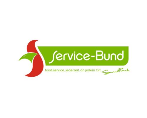 Logo des Unternehmens 'Service-Bund' mit grünem Hintergrund und stilisiertem Vogelmotiv. Der Slogan darunter lautet: 'food service. jederzeit. an jedem Ort.'