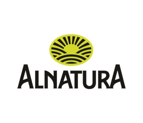 Logo von Alnatura mit einem stilisierten gelben Sonnenbild überhalb des Firmennamens.