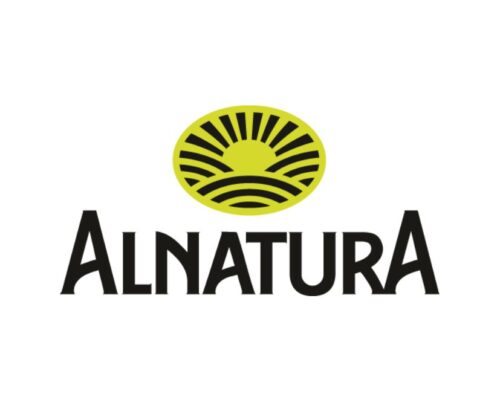 Logo von Alnatura mit einem stilisierten gelben Sonnenbild überhalb des Firmennamens.