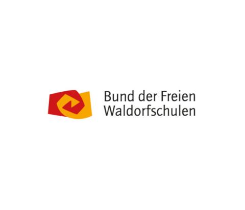 Logo des Bunds der Freien Waldorfschulen mit stilisiertem Element in Rot und Gelb.