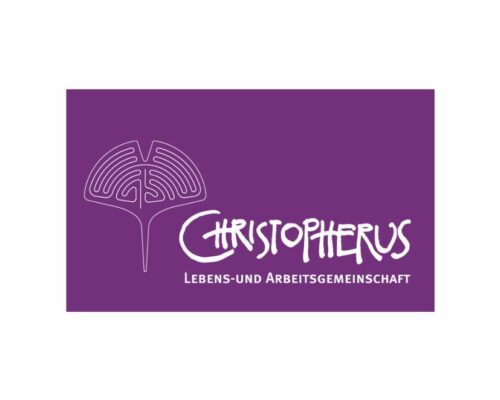 Logo der Lebens- und Arbeitsgemeinschaft Christopherus auf lila Hintergrund mit stilisiertem Labyrinth-Symbol.