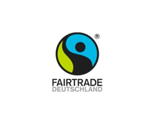 Logo von Fairtrade Deutschland mit einem grünen, blauen und schwarzen Symbol in einem Kreis.
