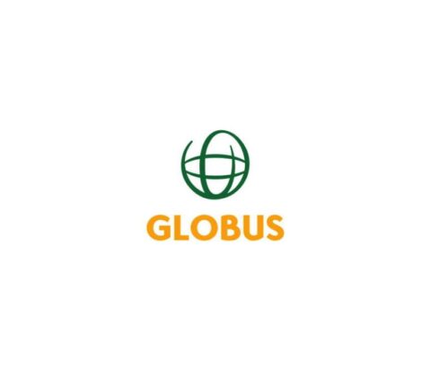 Logo mit einem stilisierten Globus in Grün über dem Wort 'GLOBUS' in Orange.