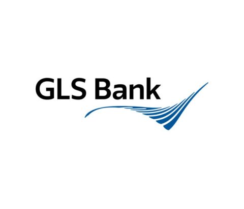 Logo der GLS Bank mit schwarzem Schriftzug und blauer, geschwungener Linie.