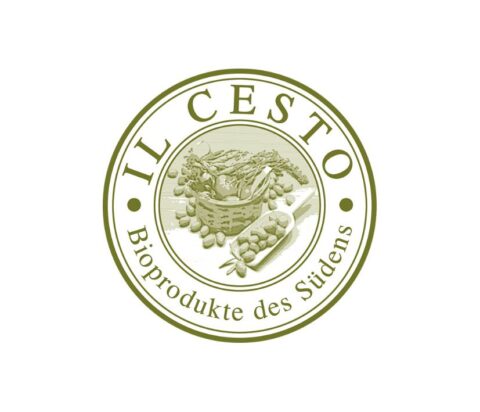Logo mit dem Text 'IL CESTO, Bioprodukte des Südens' um ein Bild eines gefüllten Korbs mit Lebensmitteln.