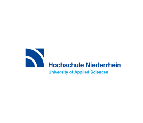 Logo der Hochschule Niederrhein mit blauem grafischen Element und dem Schriftzug 'Hochschule Niederrhein University of Applied Sciences'.