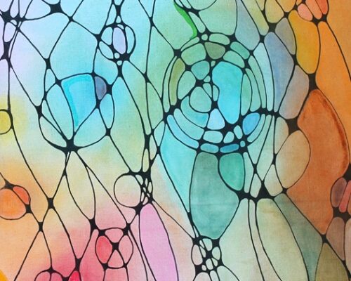 Abstraktes Zellmuster in Regenbogenfarben Abstrakte, bunte Malerei mit zarten Farbverläufen in Blau, Grün, Gelb, Orange und Rosa, die von einem unregelmäßigen schwarzen Liniennetz durchzogen werden und