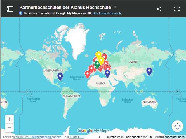 Screenshot einer Google-My-Maps-Weltkarte mit der Überschrift „Partnerhochschulen der Alanus Hochschule“. Auf der Karte sind mehrere farbige Markierungen in Eur