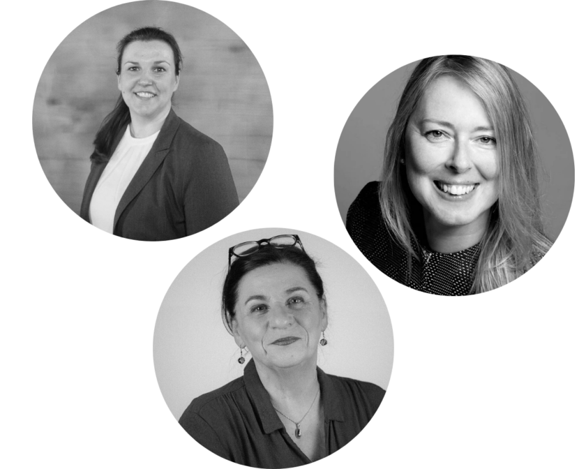 Drei Schwarz-Weiß-Porträts von lächelnden Frauen in runden Rahmen. Die Frauen tragen professionelle Kleidung.