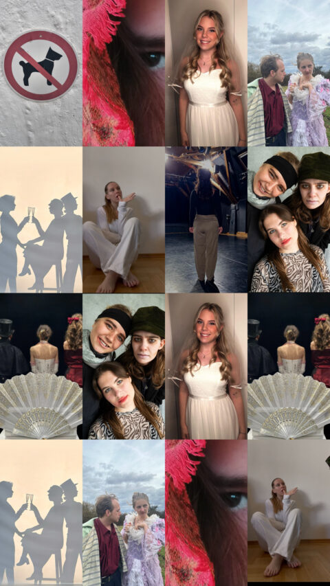 Collage aus sechzehn Fotos: Ein Hundeverbotsschild, Nahaufnahme eines teilweise von pinkem Stoff verdeckten Auges, eine junge Frau im weißen Kleid, ein Paar in