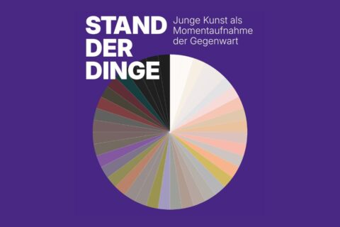 Grafische Plakatgestaltung mit violettem Hintergrund: Links steht in großer weißer Schrift „STAND DER DINGE“, rechts daneben der Text „Junge Kunst als Momentauf