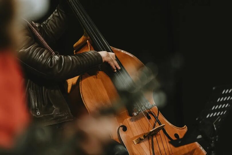 Nahaufnahme einer Person in Lederjacke, die auf einer Bühne einen Kontrabass spielt; der Fokus liegt auf der rechten Hand am Griffbrett und dem hölzernen Korpus