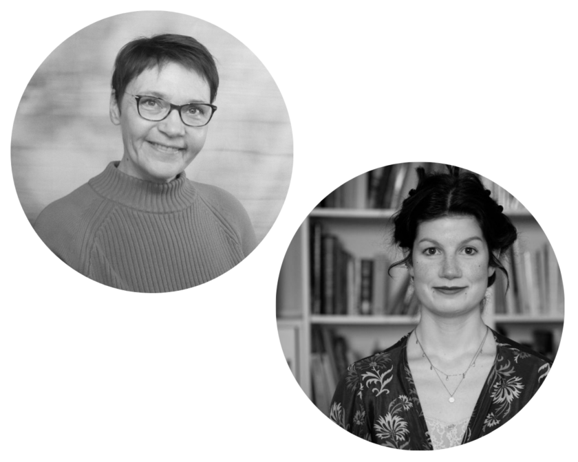 Zwei schwarz-weiße Porträts in kreisförmigen Rahmen vor schwarzem Hintergrund: Links eine ältere Frau mit kurzem Haar, Brille und geripptem Rollkragenpullover,