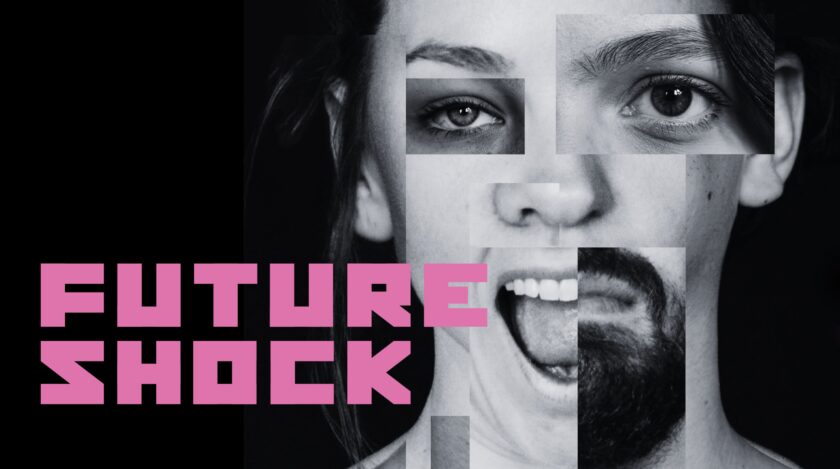 Grafik mit dem pinken Schriftzug „FUTURE SHOCK“ vor schwarzem Hintergrund. Rechts ist ein schwarz-weißes, kollagenartiges Gesicht zu sehen, zusammengesetzt aus