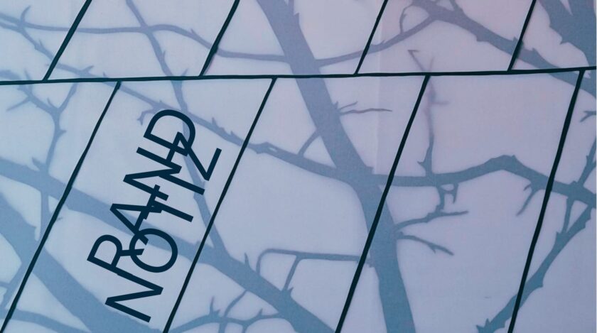 Abstrakte Grafik mit schrägen, dunklen Linien auf hellblauem Hintergrund, die wie Fensterrahmen mit Schatten von Ästen wirken; links steht vertikal und gedreht