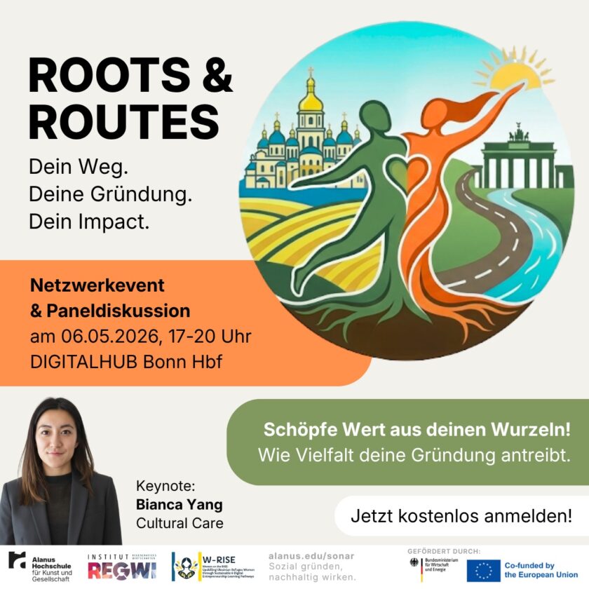 Werbegrafik für die Veranstaltung „ROOTS & ROUTES – Dein Weg. Deine Gründung. Dein Impact.“ Links steht der Titel in großer schwarzer Schrift, darunter die Anga