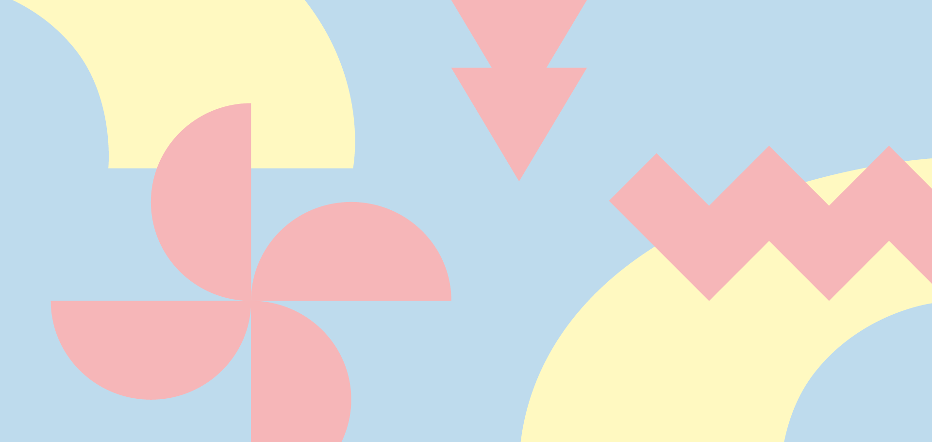 Abstrakte Grafik mit pastellfarbenen Formen: ein hellblauer Hintergrund, große halbkreisförmige und kreisförmige Flächen in Gelb und Rosa sowie ein rosa Zickzac