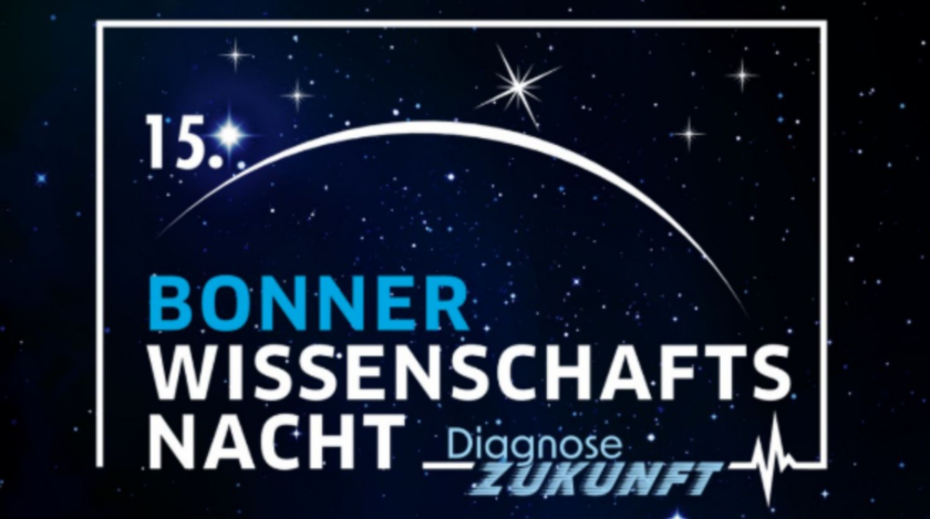 Plakat zur 15. Bonner Wissenschaftsnacht mit einem Sternenhimmel im Hintergrund, einem weißen Bogen wie eine aufsteigende Umlaufbahn und dem Schriftzug „15. Bon