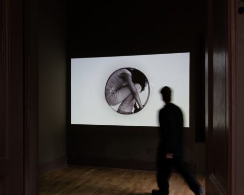 Silhouette vor Kunstprojektion in abgedunkeltem Raum Abgedunkelter Ausstellungsraum mit einer großen, leuchtenden Projektionsfläche an der Wand, auf der ein rundes Schwarz-Weiß-Bild einer Person zu sehen ist, die