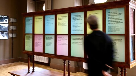 Silhouette einer Person, die an einer Wandprojektion vorbeigeht, auf der ein schwarz-weißes Foto einer zusammengerollten Person in einem runden Rahmen zu sehen