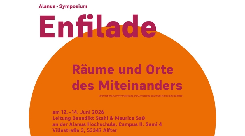 Plakat für das Alanus-Symposium „Enfilade“ mit orangefarbenem Kreis auf weißem Hintergrund. In großer pinker Schrift steht der Titel „Enfilade“, darunter in pin